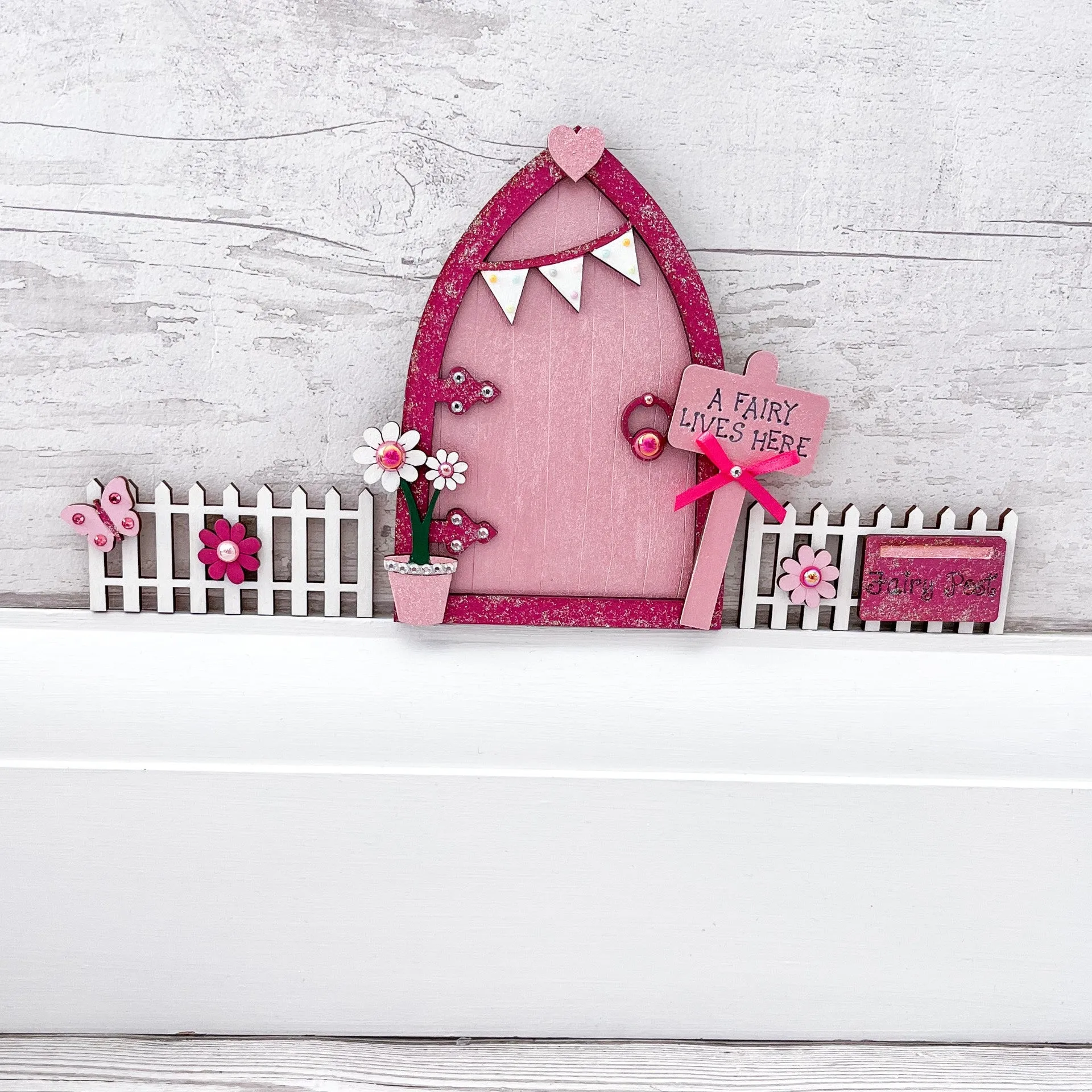 Pink Bunting Fairy Door with Fencing Set