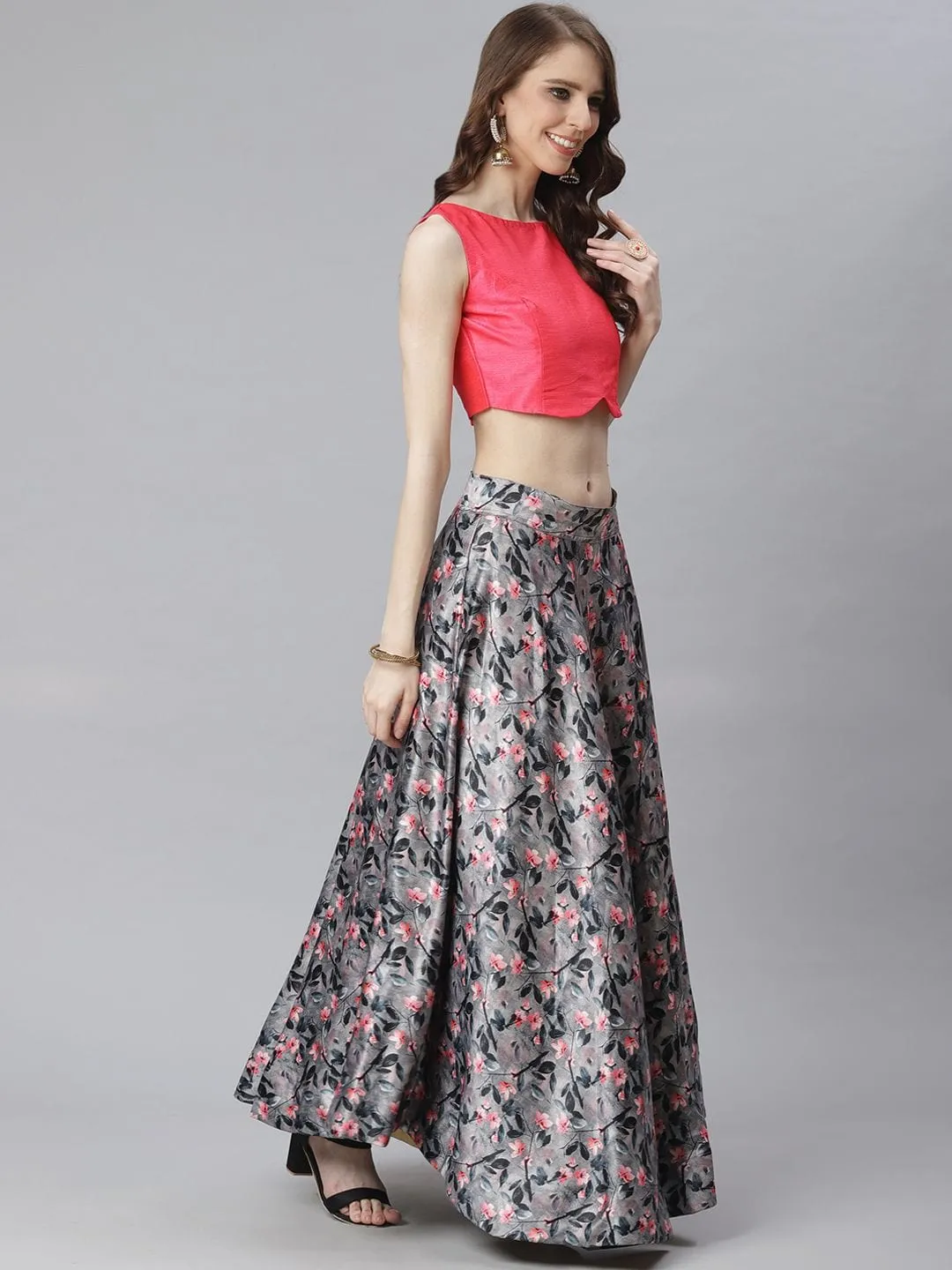 Pink Crop Top With Grey Floral Printed Unstitched Skirt And Digital Printed Dupatta