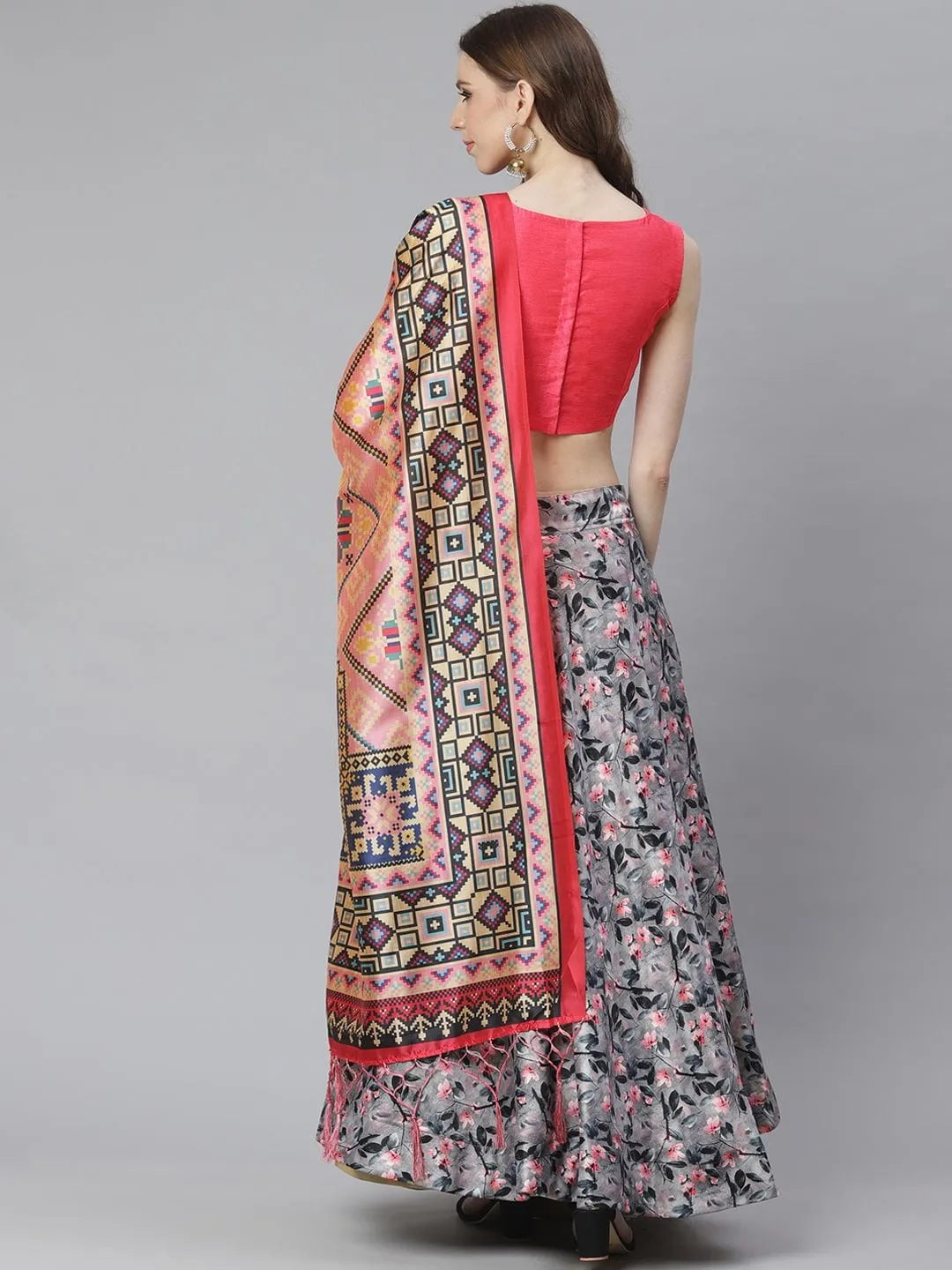 Pink Crop Top With Grey Floral Printed Unstitched Skirt And Digital Printed Dupatta