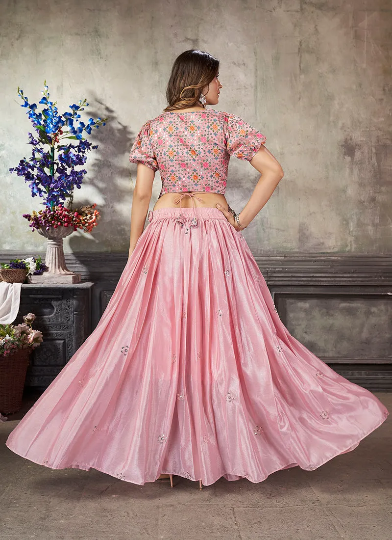 Pink Sequence Embroidery Traditional Flared Skirt And Top