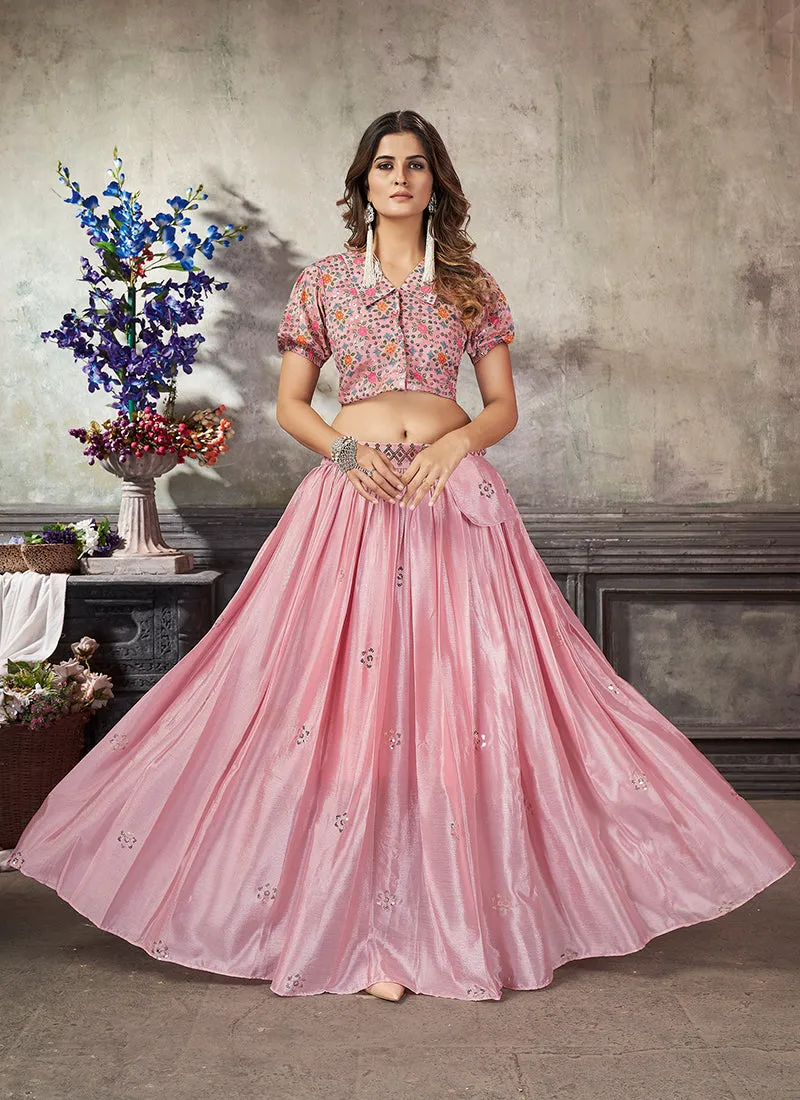 Pink Sequence Embroidery Traditional Flared Skirt And Top