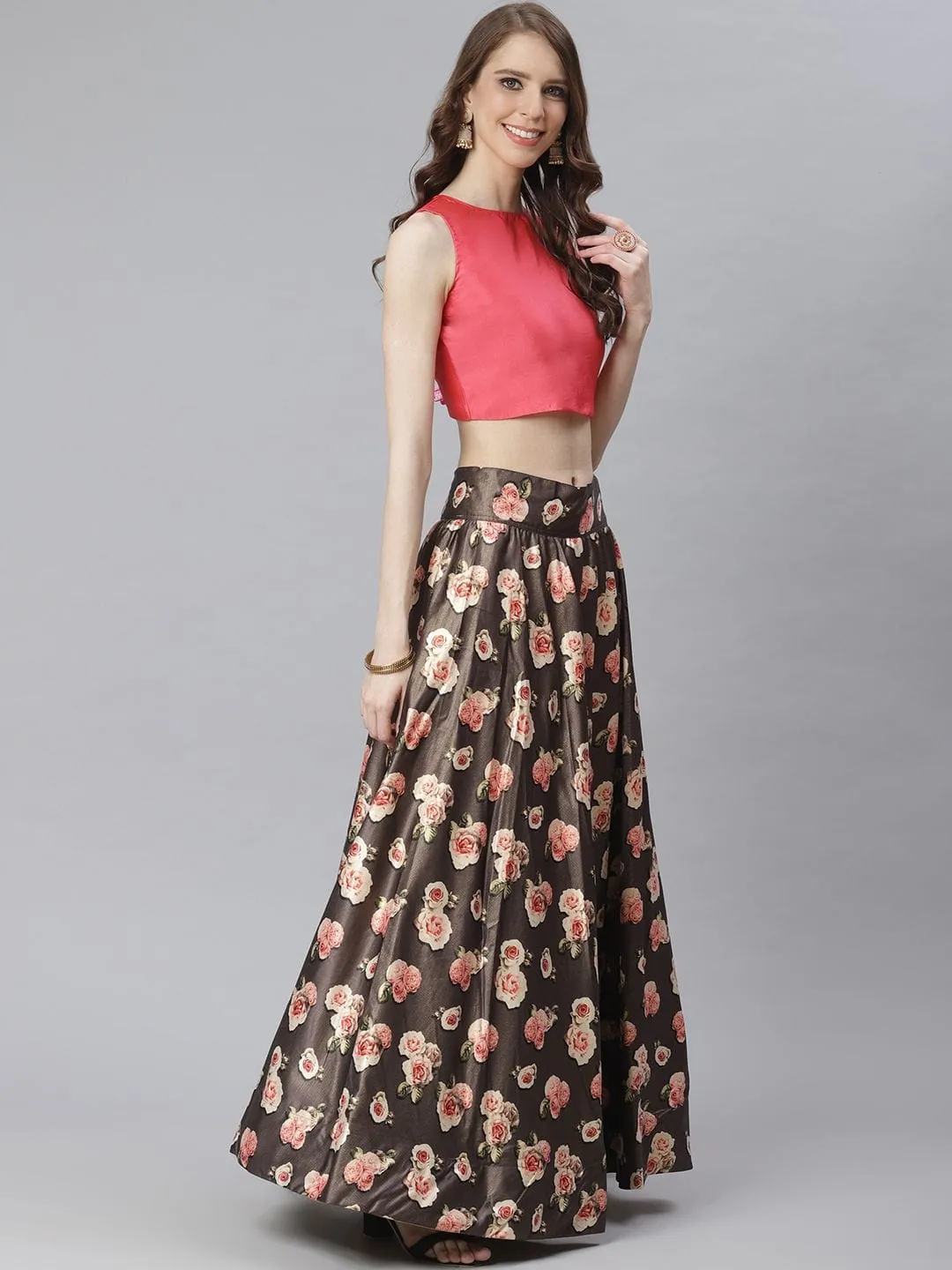 Pink Solid Crop Top With Brown Floral Silk Unstitched Skirt And Digital Printed Dupatta.