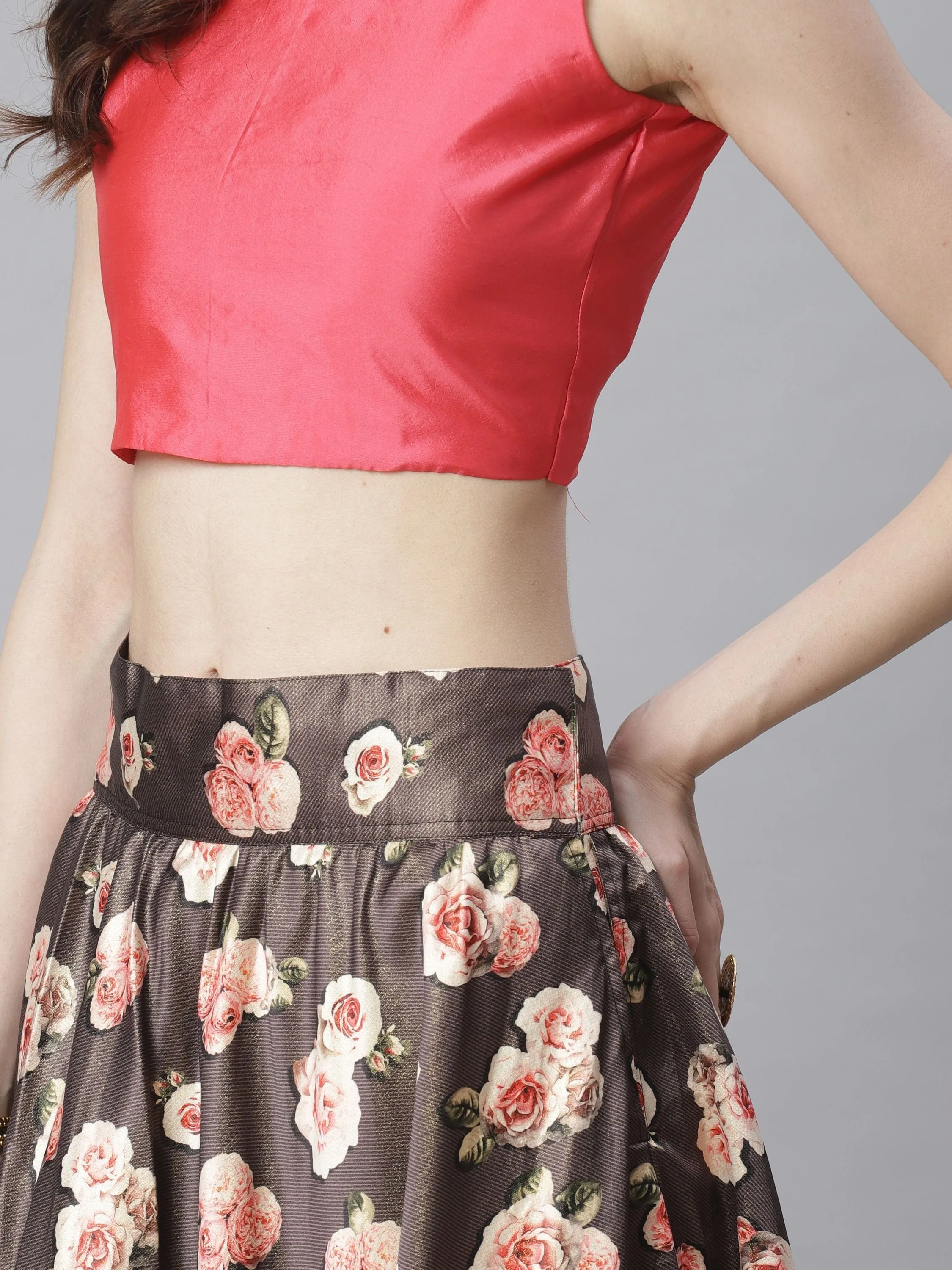 Pink Solid Crop Top With Brown Floral Silk Unstitched Skirt And Digital Printed Dupatta.