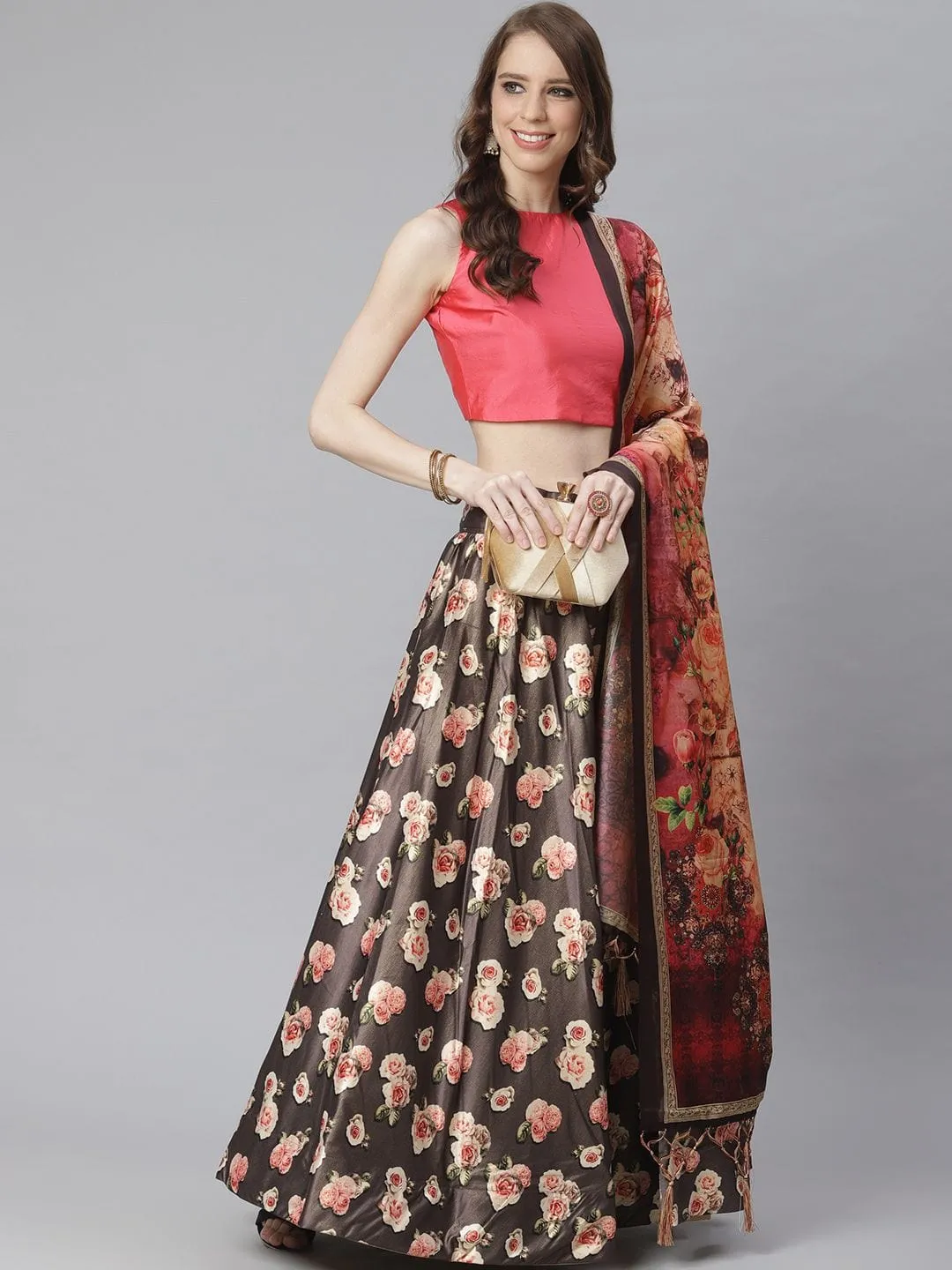 Pink Solid Crop Top With Brown Floral Silk Unstitched Skirt And Digital Printed Dupatta.