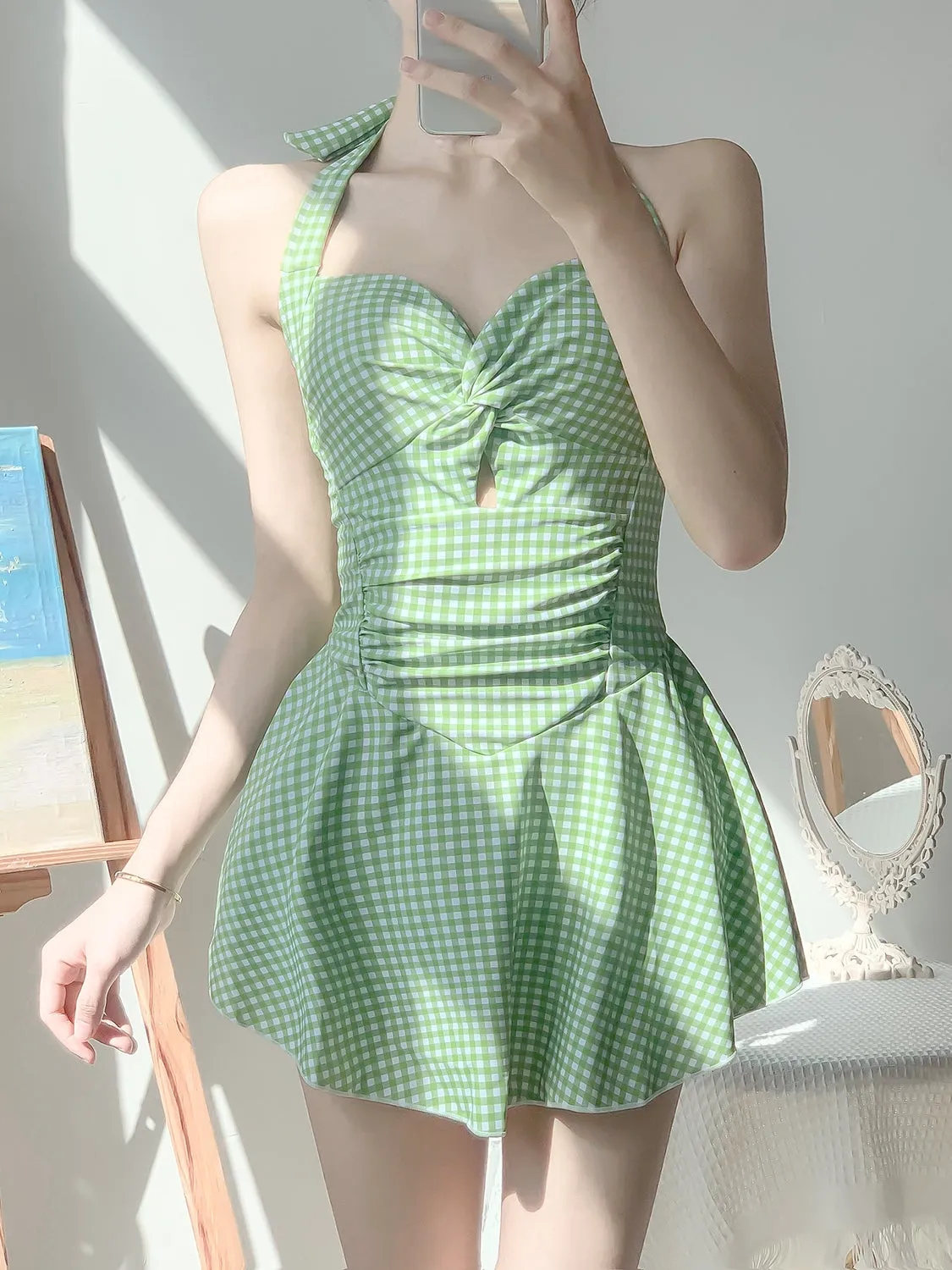 Plaid Halter Neck Suspender Swimsuit Dress