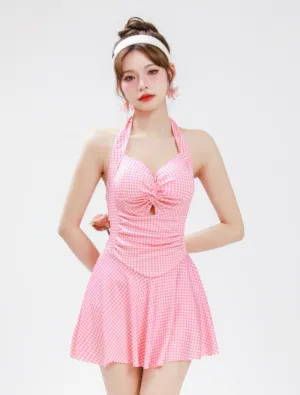 Plaid Halter Neck Suspender Swimsuit Dress