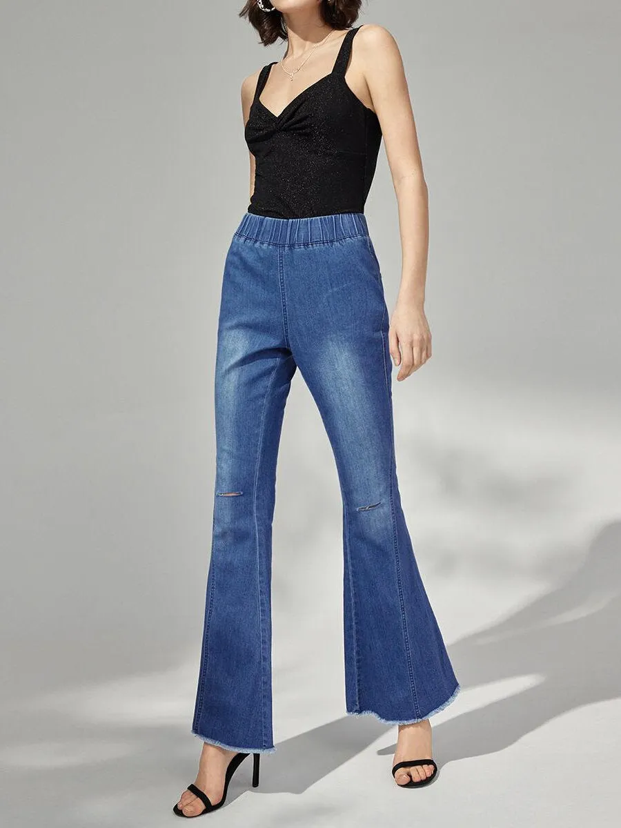 Plain Ripped High Waist Flare Leg Jeans