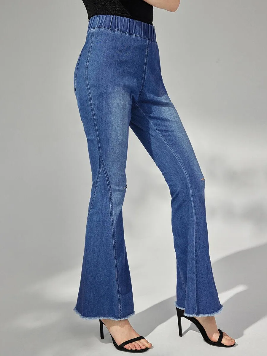 Plain Ripped High Waist Flare Leg Jeans