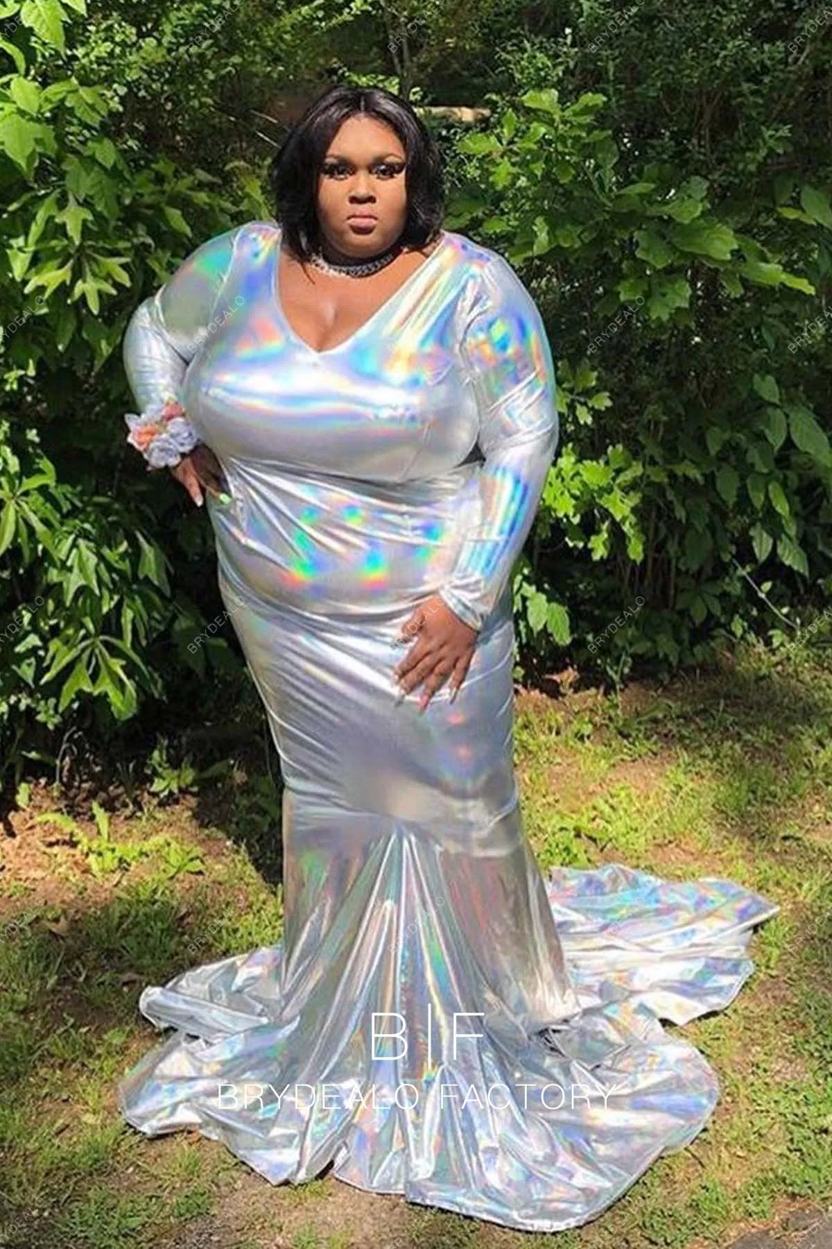 Plus Size V-neck Silver Stretchy Glossy Leather Mermaid Prom Dress