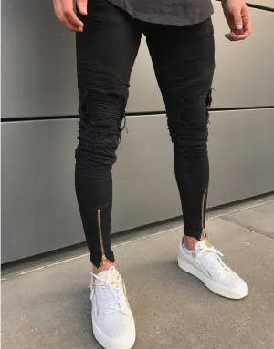 Premium Ripped Ankle Zipper Black Biker Jeans