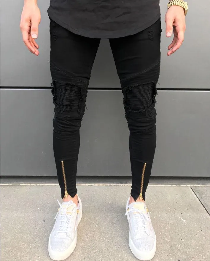 Premium Ripped Ankle Zipper Black Biker Jeans