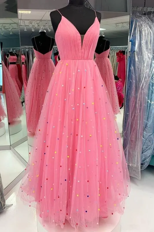 Princess A-line Hot Pink Tulle Long Prom Dress