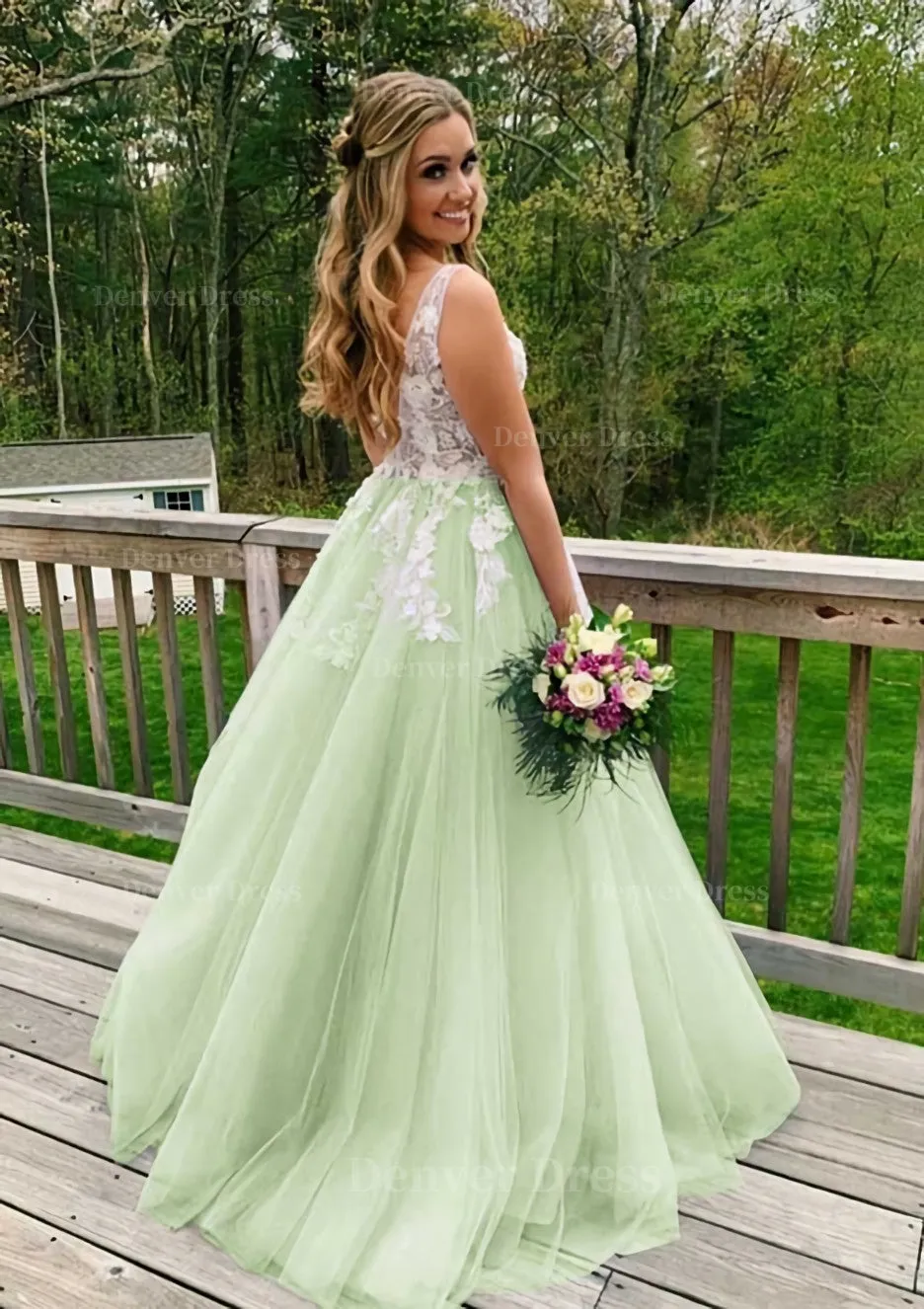 Princess V Neck Sweep Train Tulle Prom Dress With Appliqued