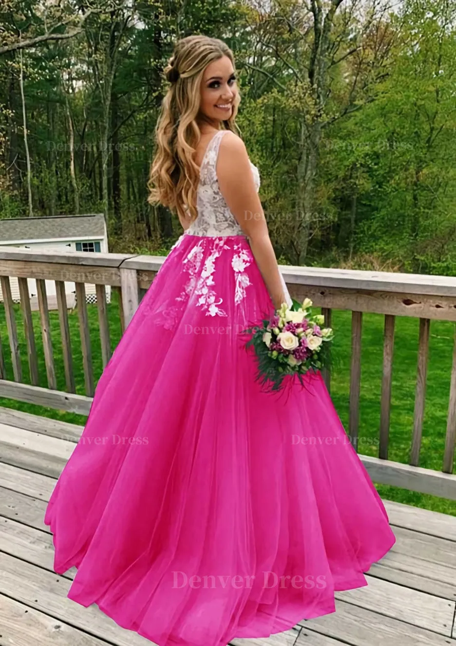 Princess V Neck Sweep Train Tulle Prom Dress With Appliqued