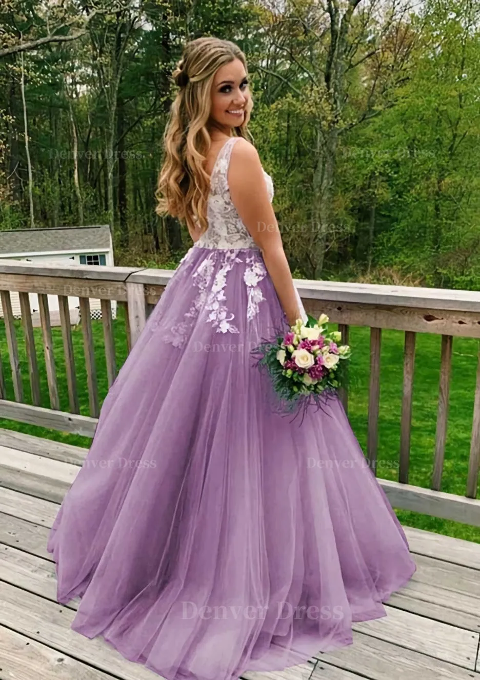 Princess V Neck Sweep Train Tulle Prom Dress With Appliqued