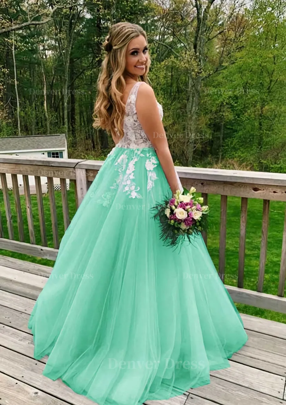 Princess V Neck Sweep Train Tulle Prom Dress With Appliqued