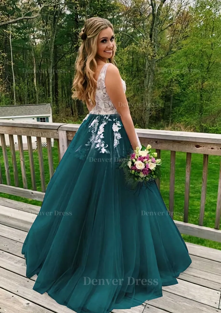 Princess V Neck Sweep Train Tulle Prom Dress With Appliqued