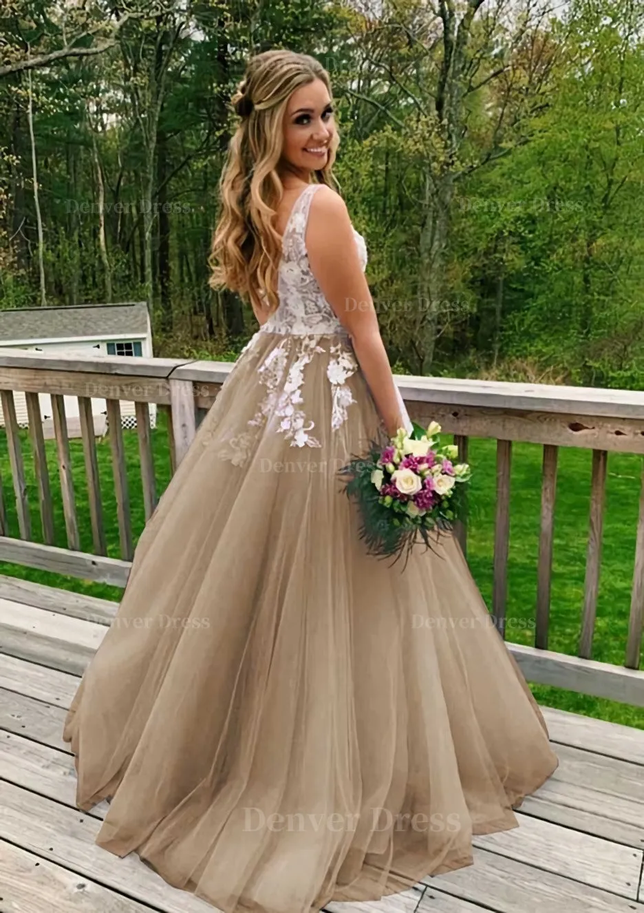 Princess V Neck Sweep Train Tulle Prom Dress With Appliqued