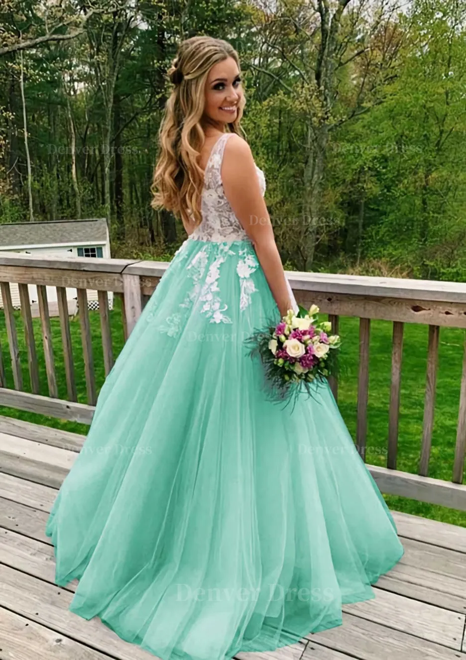 Princess V Neck Sweep Train Tulle Prom Dress With Appliqued