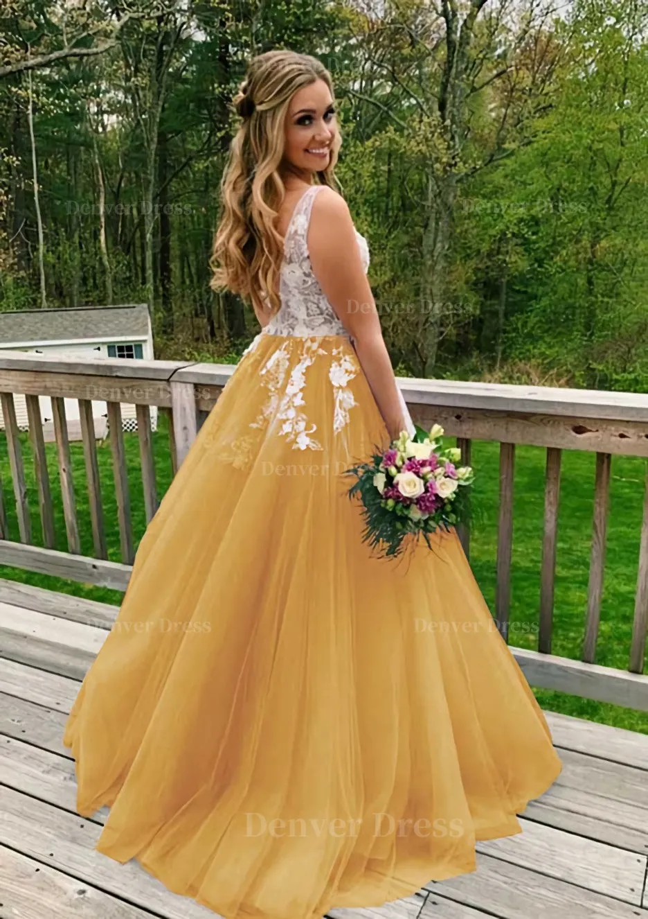 Princess V Neck Sweep Train Tulle Prom Dress With Appliqued