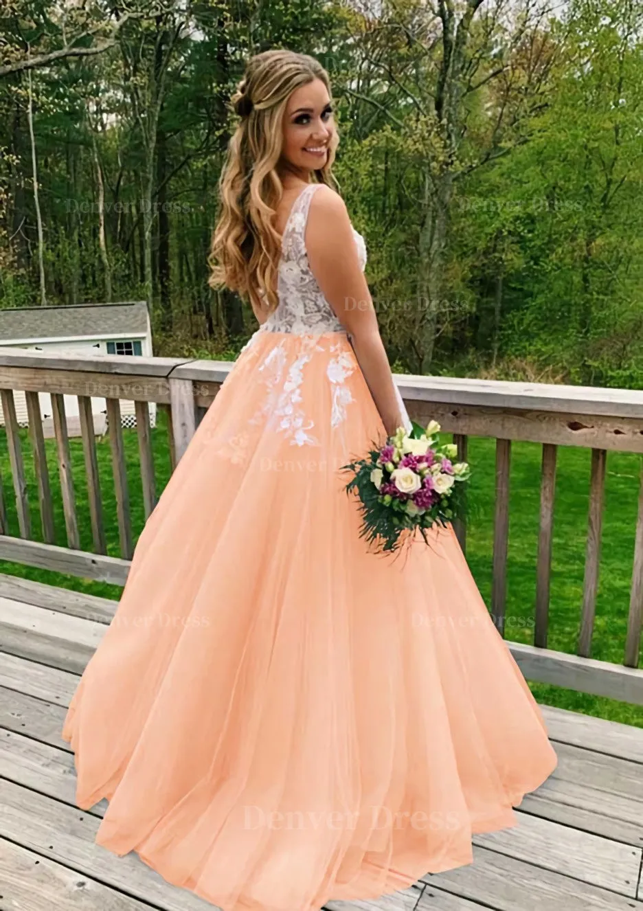 Princess V Neck Sweep Train Tulle Prom Dress With Appliqued