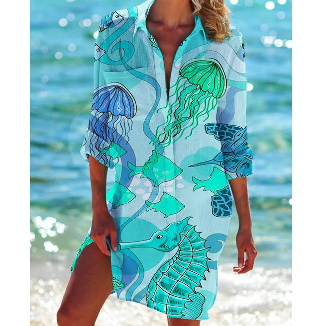 Printed Long Sleeve Beach Shirt Dress