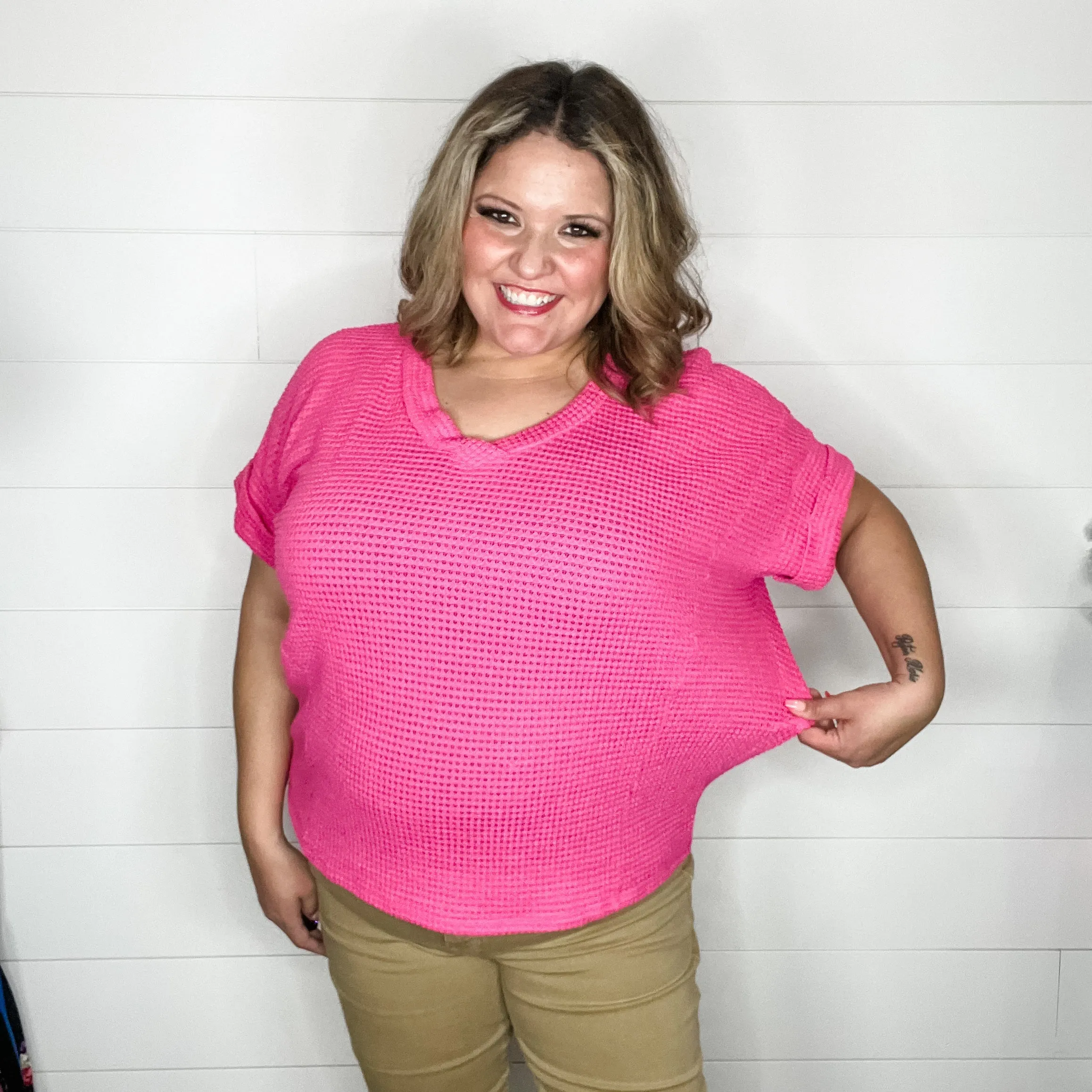 "Honeycomb" Cuffed Short Sleeve Waffle Texture Top (Hot Pink)