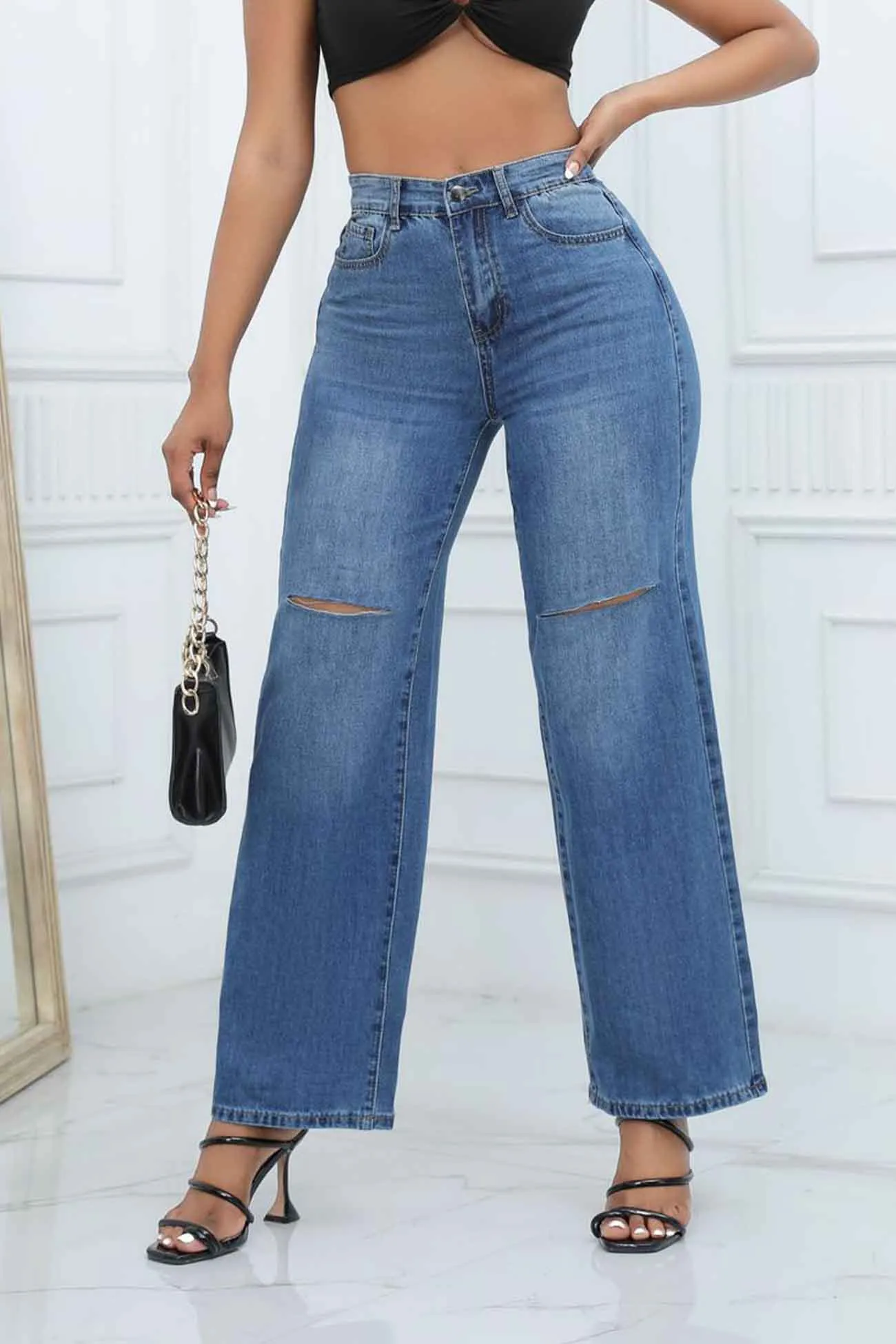 Ripped Mid Rise Flared Jeans