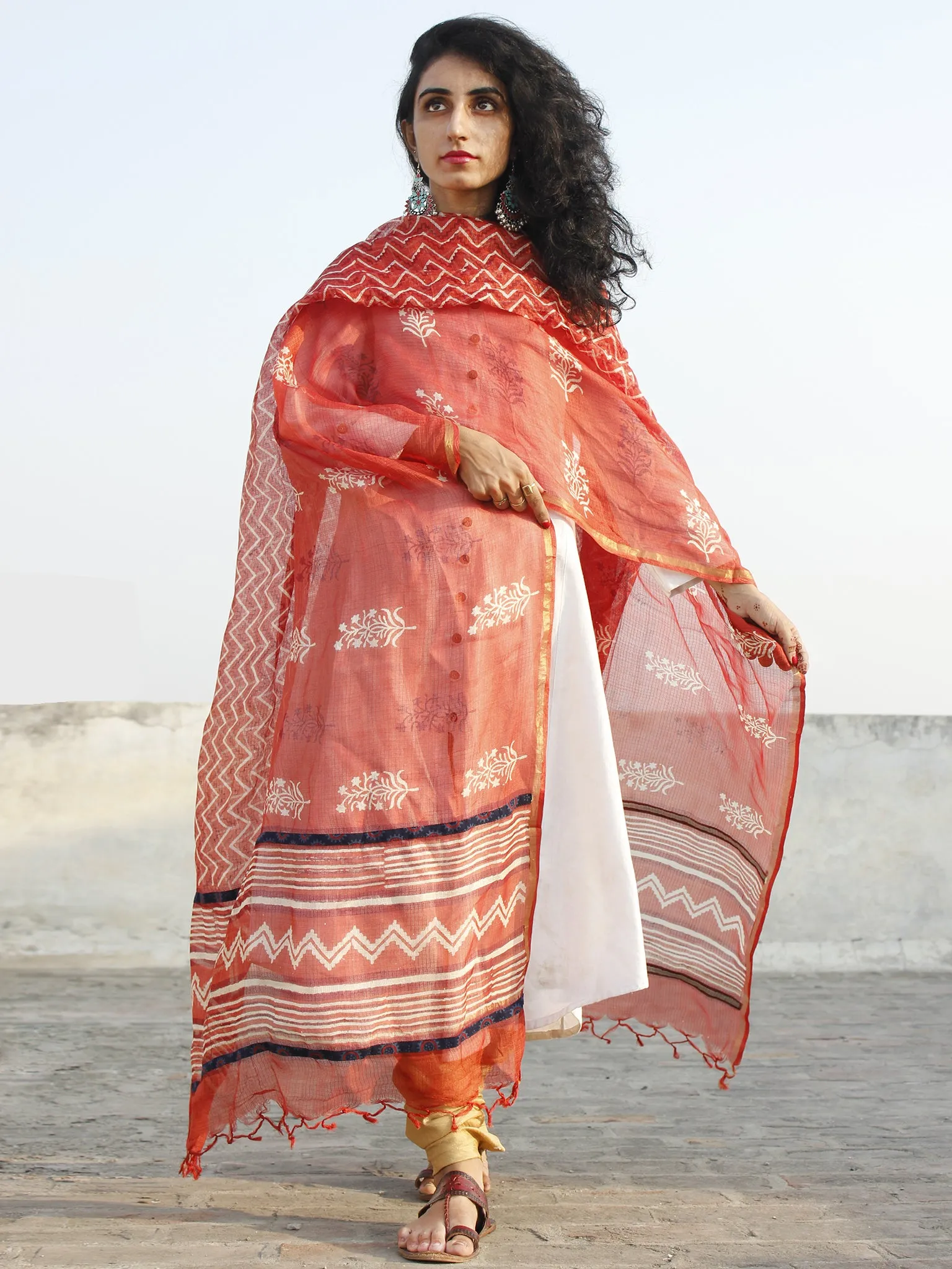 Rust Red Ivory Kota Silk Hand Black Printed Dupatta With Ajrakh Printed Stitched Highlighting  - D04170130