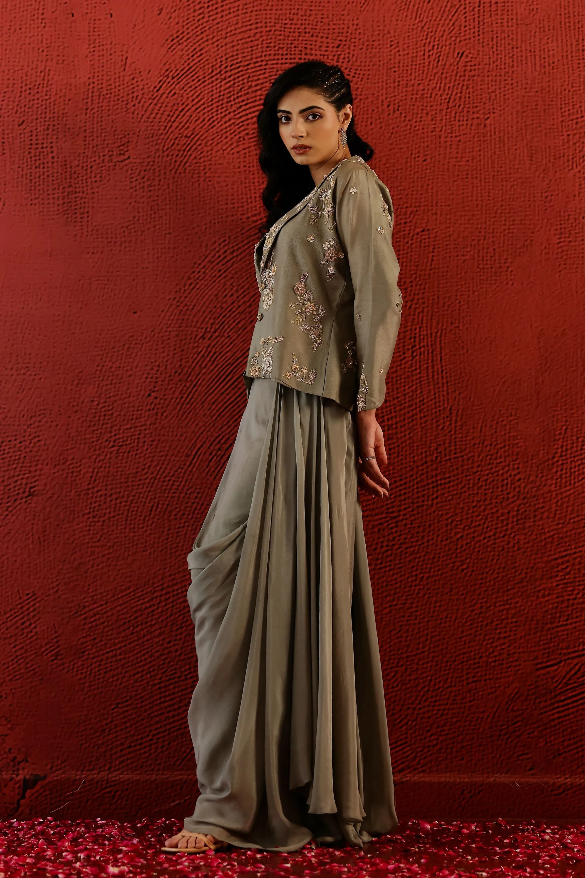 Sage Grey Embroidered Belgium Silk Jacket & Skirt Set