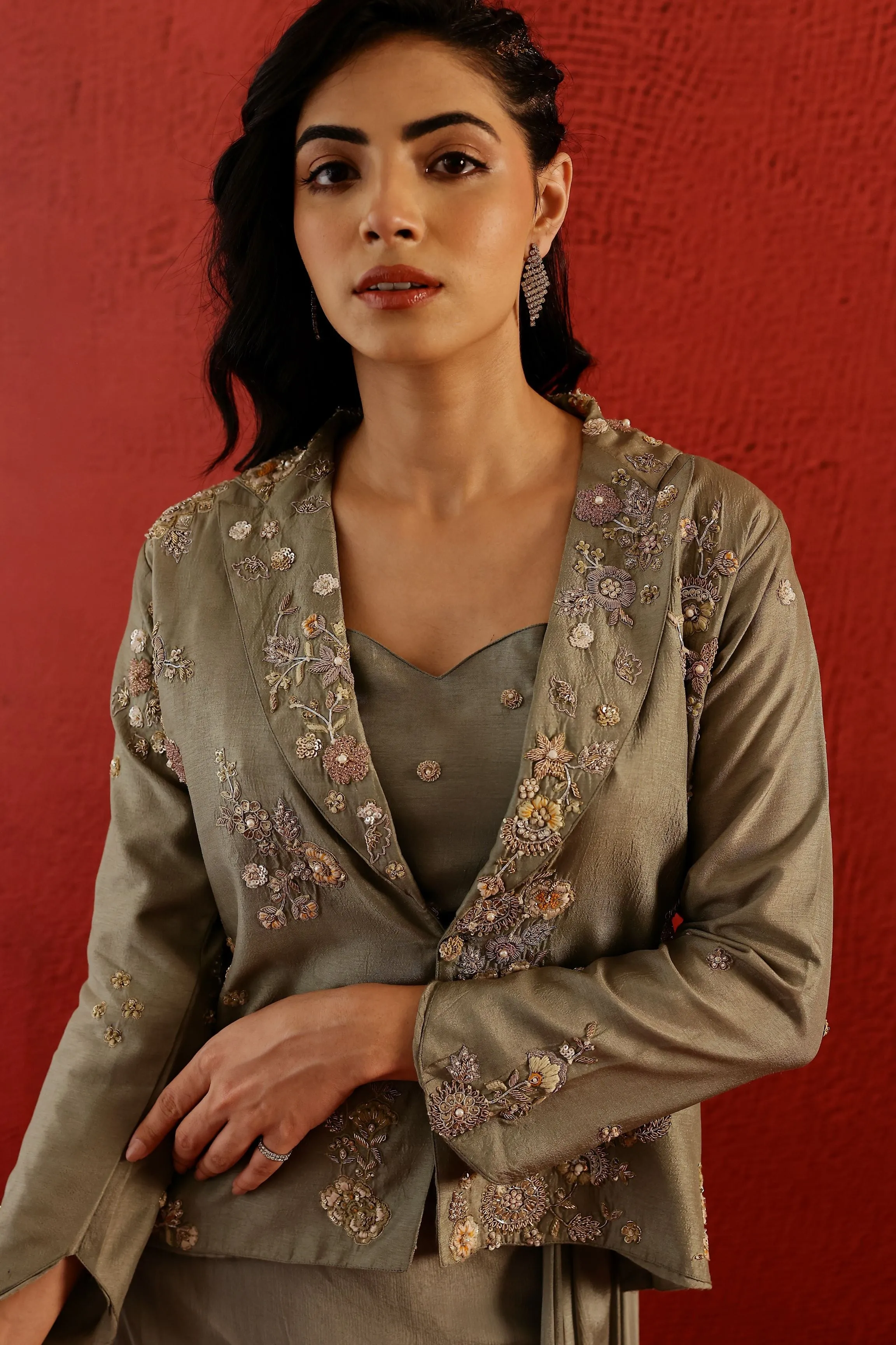 Sage Grey Embroidered Belgium Silk Jacket & Skirt Set