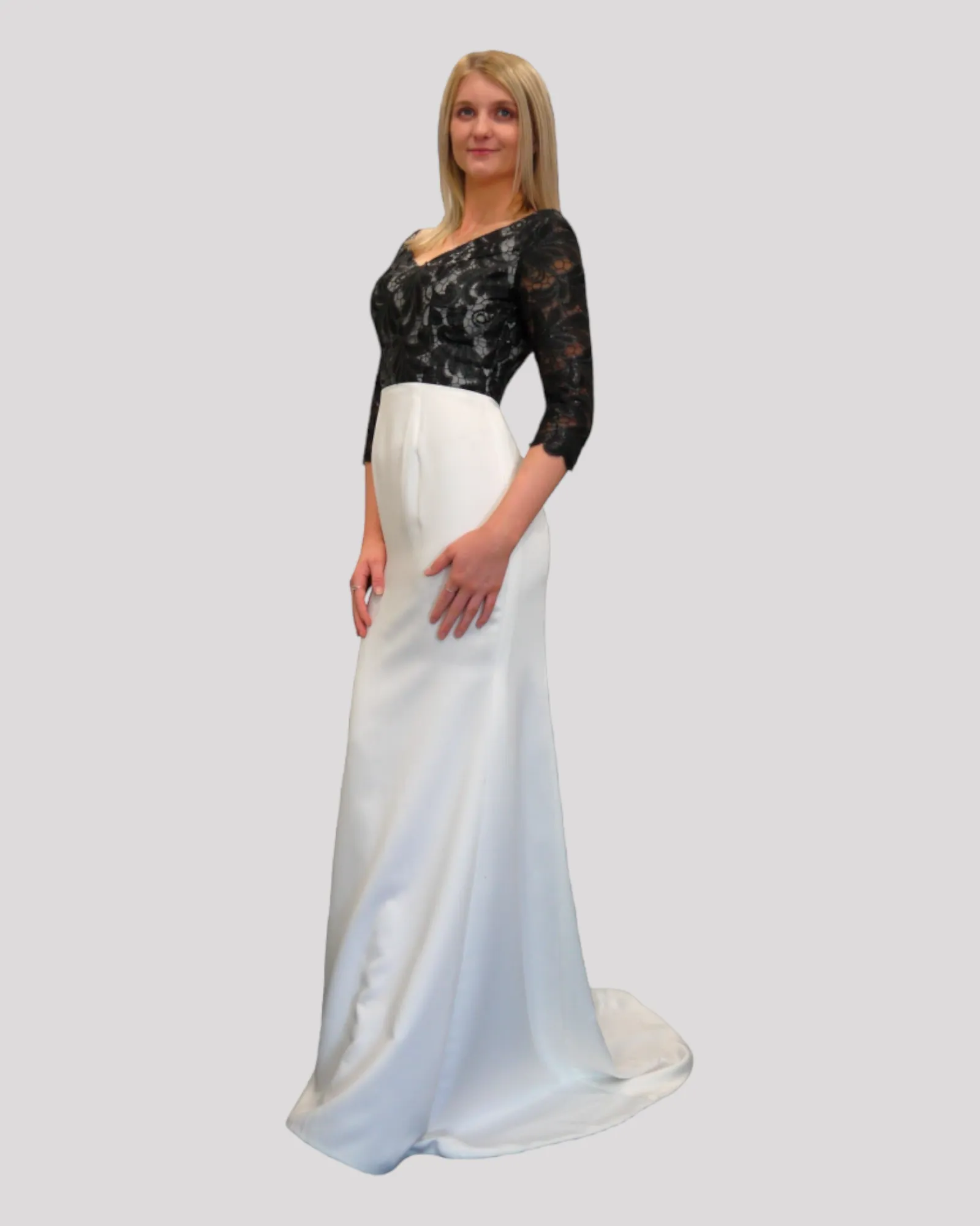 Savannah Black Lace and White Evening Dress