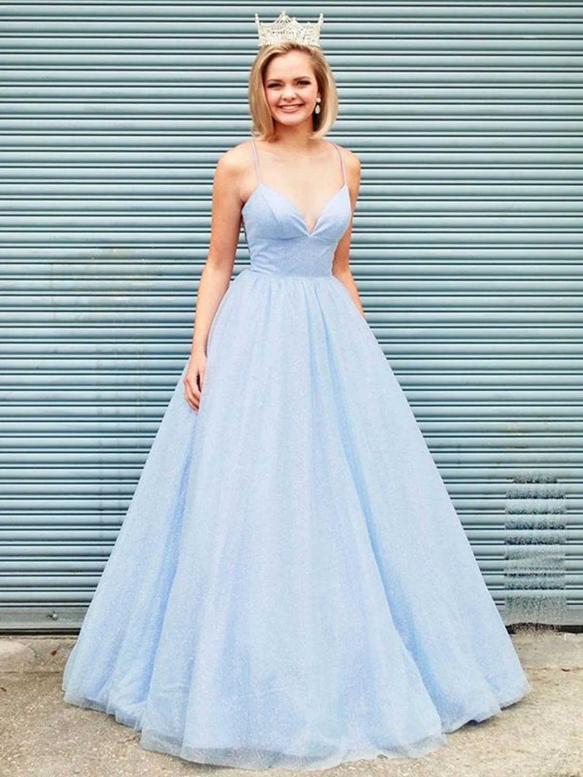 Shiny V Neck Backless Light Blue Long Prom, Open Back Light Blue Formal, Sparkly Blue Evening