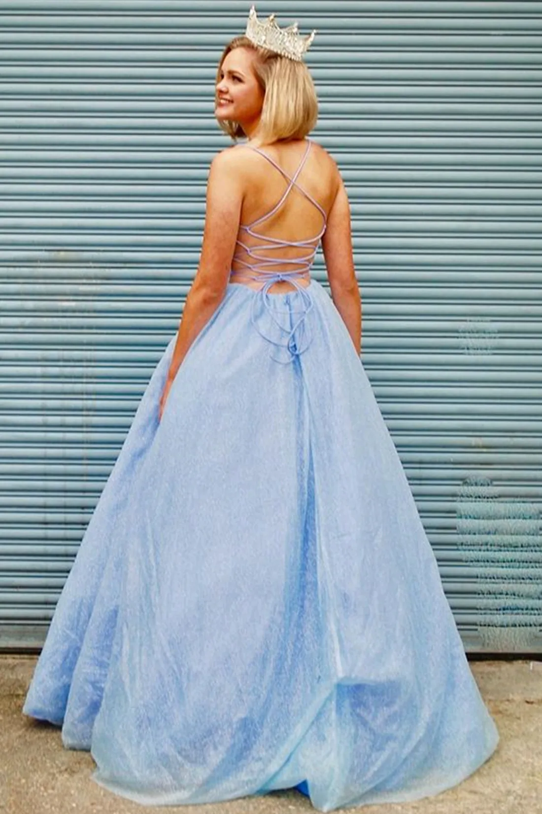 Shiny V Neck Backless Light Blue Long Prom, Open Back Light Blue Formal, Sparkly Blue Evening