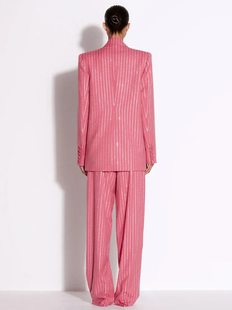 Single Button Striped Diamonds Blazer Pants Suit 2PCS