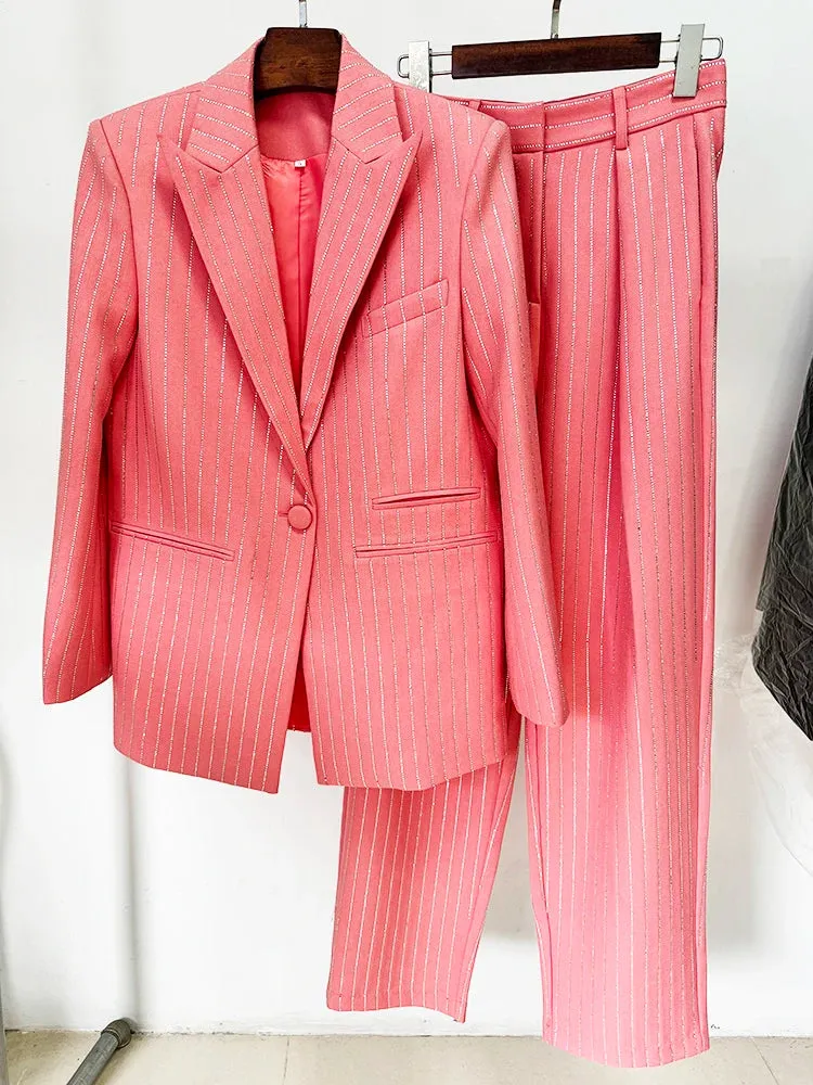 Single Button Striped Diamonds Blazer Pants Suit 2PCS