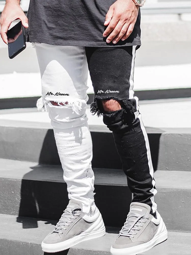 Slim Straight Zipper Matching Color Ripped Jeans