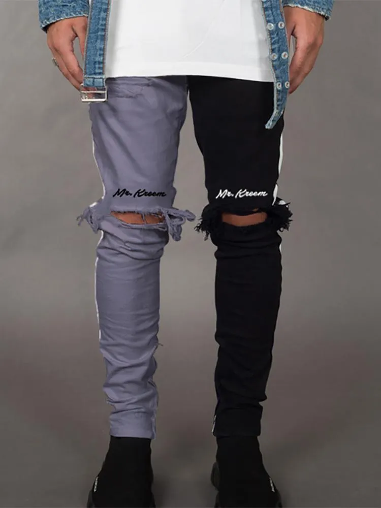 Slim Straight Zipper Matching Color Ripped Jeans