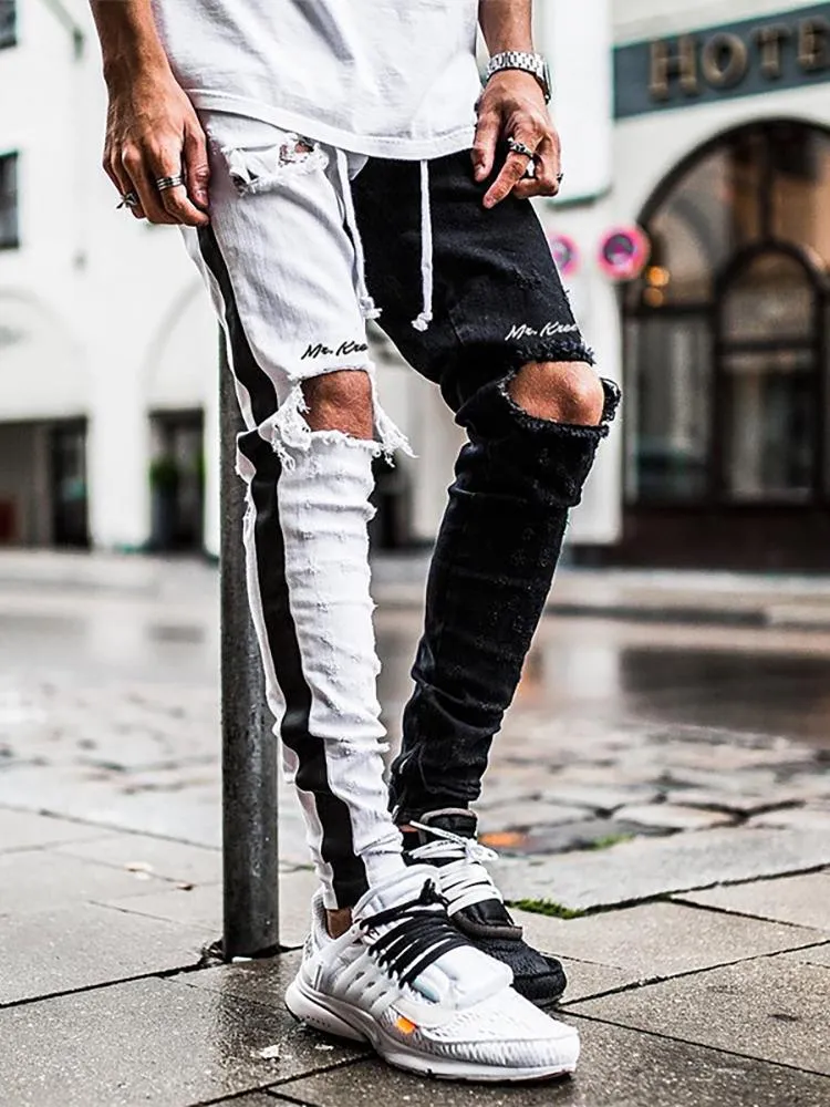 Slim Straight Zipper Matching Color Ripped Jeans