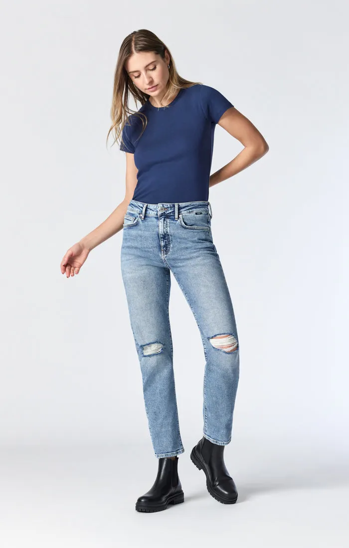 SOHO GIRLFRIEND JEANS IN LIGHT RIPPED RECYCLE BLUE