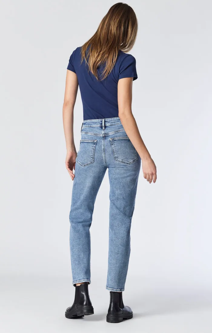 SOHO GIRLFRIEND JEANS IN LIGHT RIPPED RECYCLE BLUE