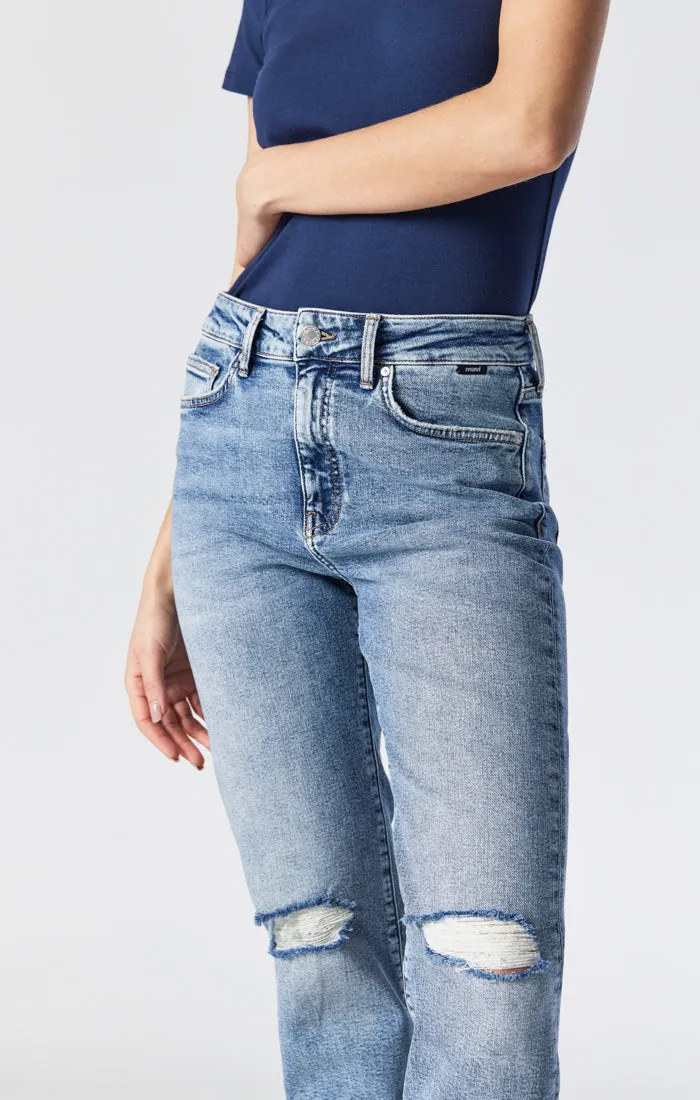 SOHO GIRLFRIEND JEANS IN LIGHT RIPPED RECYCLE BLUE