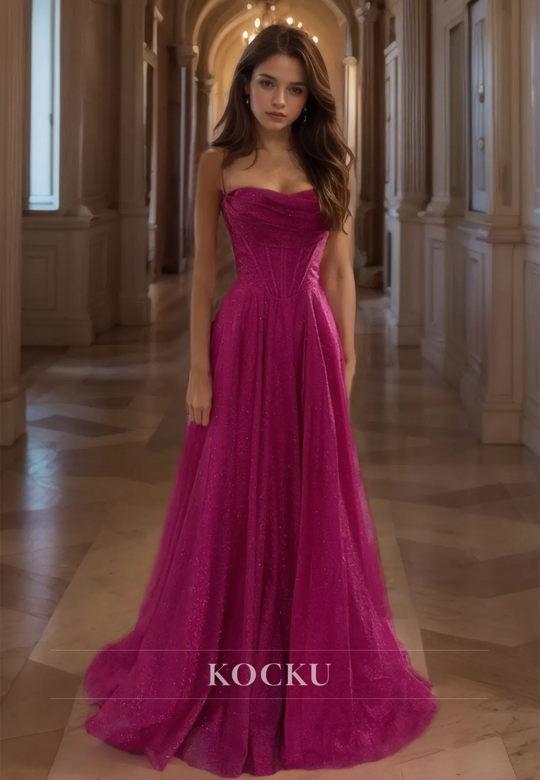 Spaghetti Straps A-Line Sleeveless Sweetheart Stripe Glitter Knit Prom Dress with Train Evening Dress