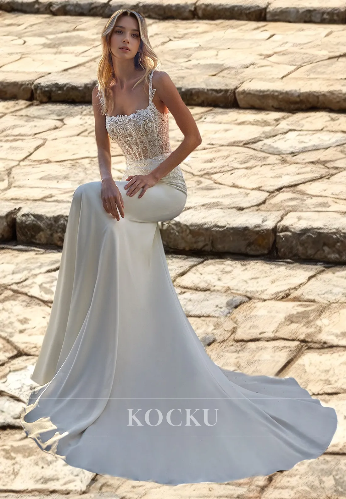 Spaghetti Straps Mermaid Beach Wedding Dress Sleeveless Beaded Appliques Satin Boho Dress with Train