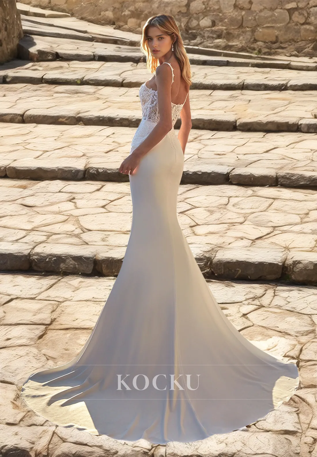 Spaghetti Straps Mermaid Beach Wedding Dress Sleeveless Beaded Appliques Satin Boho Dress with Train