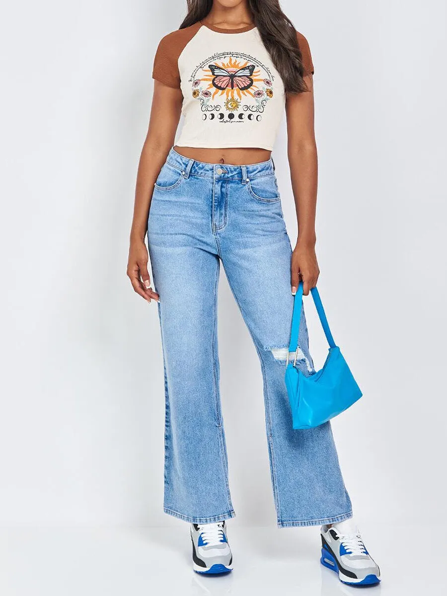 Split Ripped Pocket Wide Leg Jeans