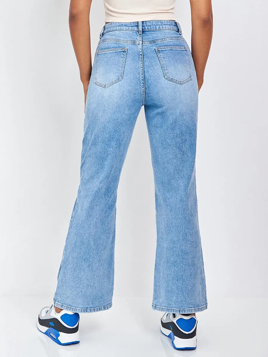 Split Ripped Pocket Wide Leg Jeans