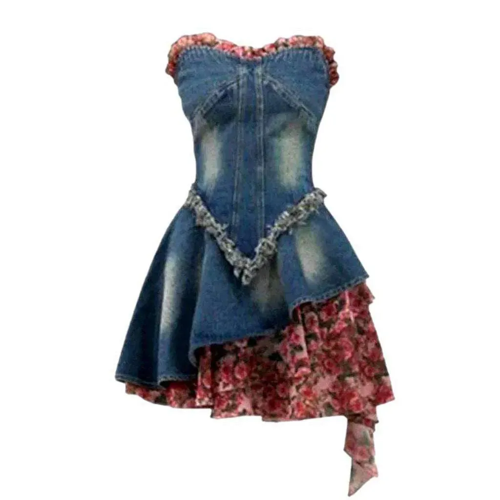 Strapless fashion patchwork denim dress