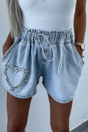 Street Patchwork Draw String Rhinestone Straight Denim Shorts(3 Colors)