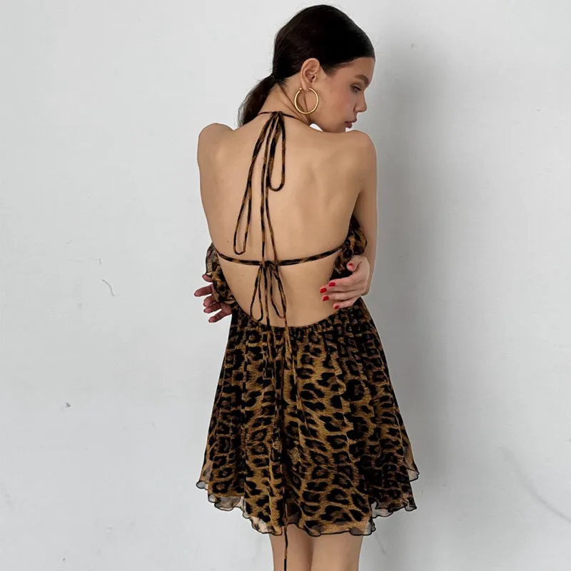 Summer Sexy Leopard Print Deep V Plunge Halter Lace Up Dress Sexy Wind Backless High Waist A Line Dress Women